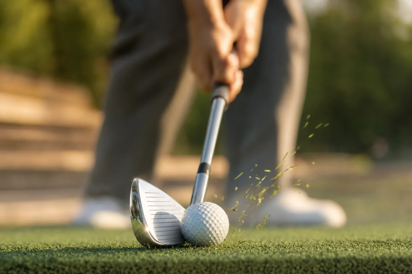 A chrome golf iron striking a white ball off a hitting mat at the moment of impact, with a spray of grass kicking up and a shallow depth of field.