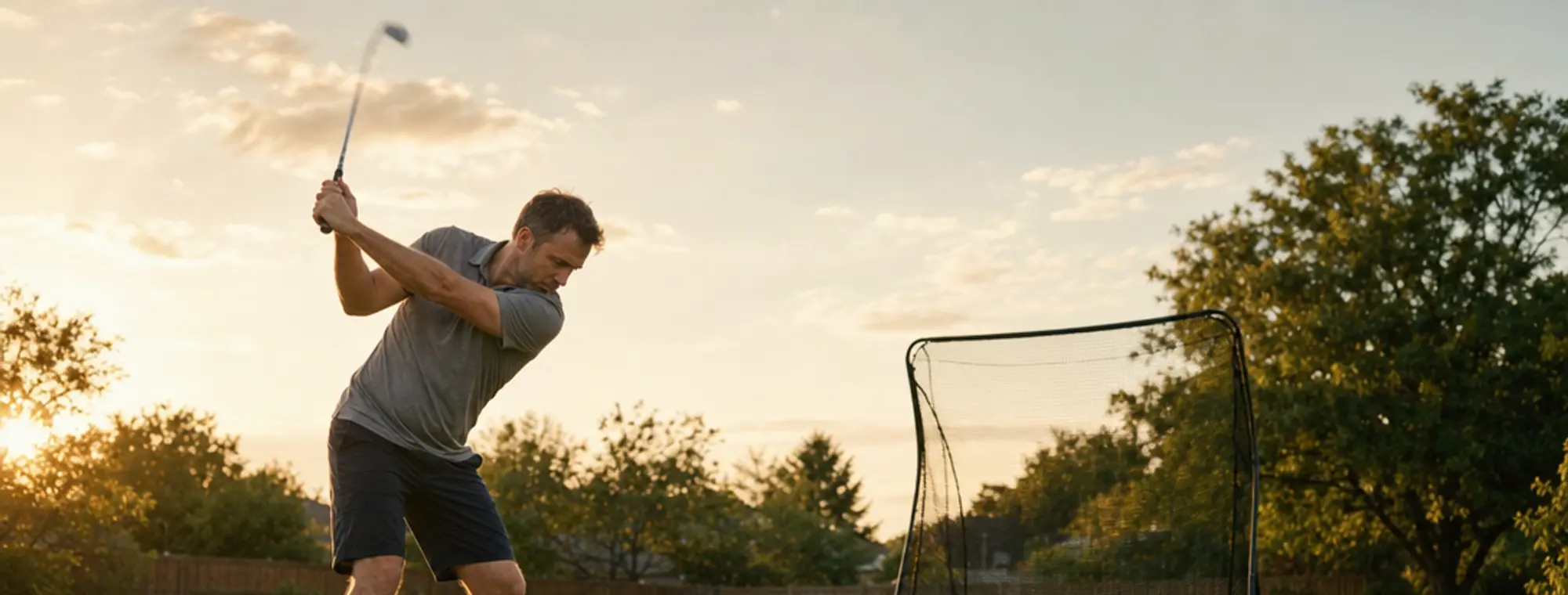 A golfer at the top of his backswing in a backyard at sunset, with a practice net set up behind him.