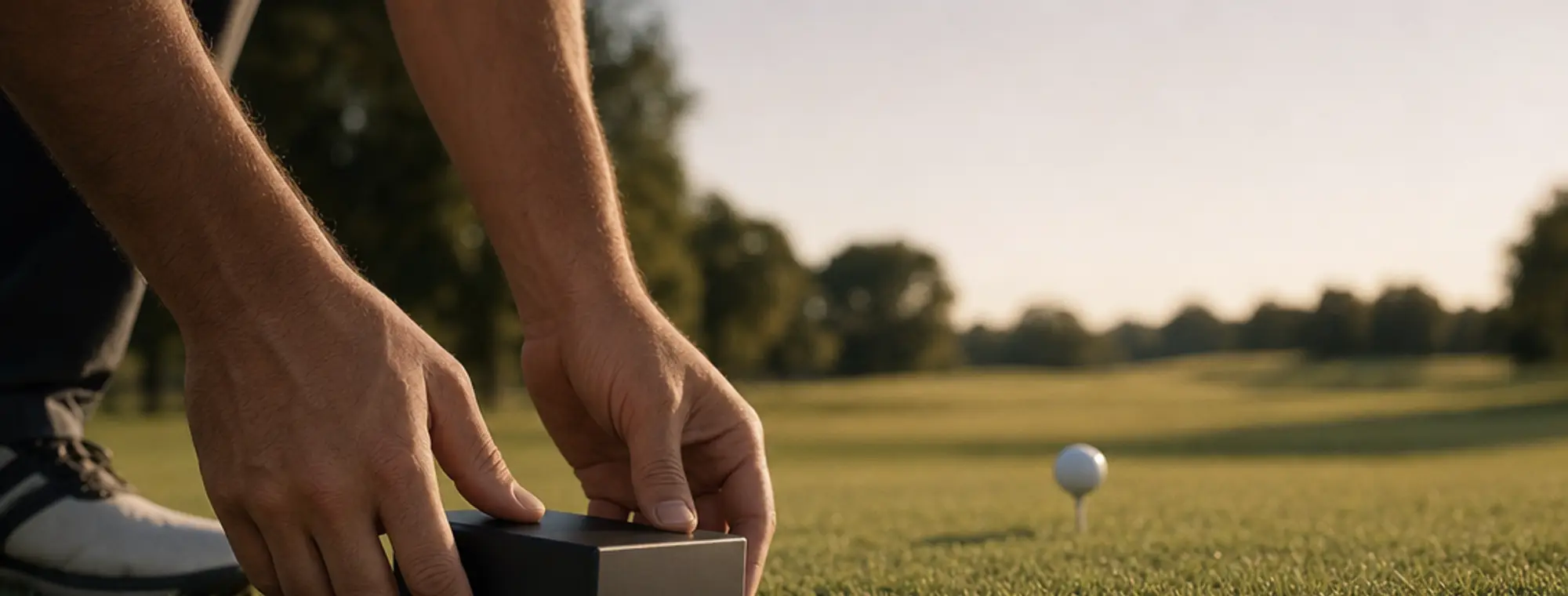 Close-up of a golfer's hands setting a small, plain launch-monitor device on the turf behind a golf ball on a tee, in warm late-afternoon light.