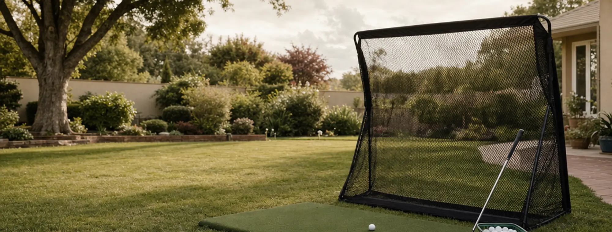 A backyard golf practice setup with a freestanding hitting net and a rubber hitting mat on a lawn, with balls scattered nearby.