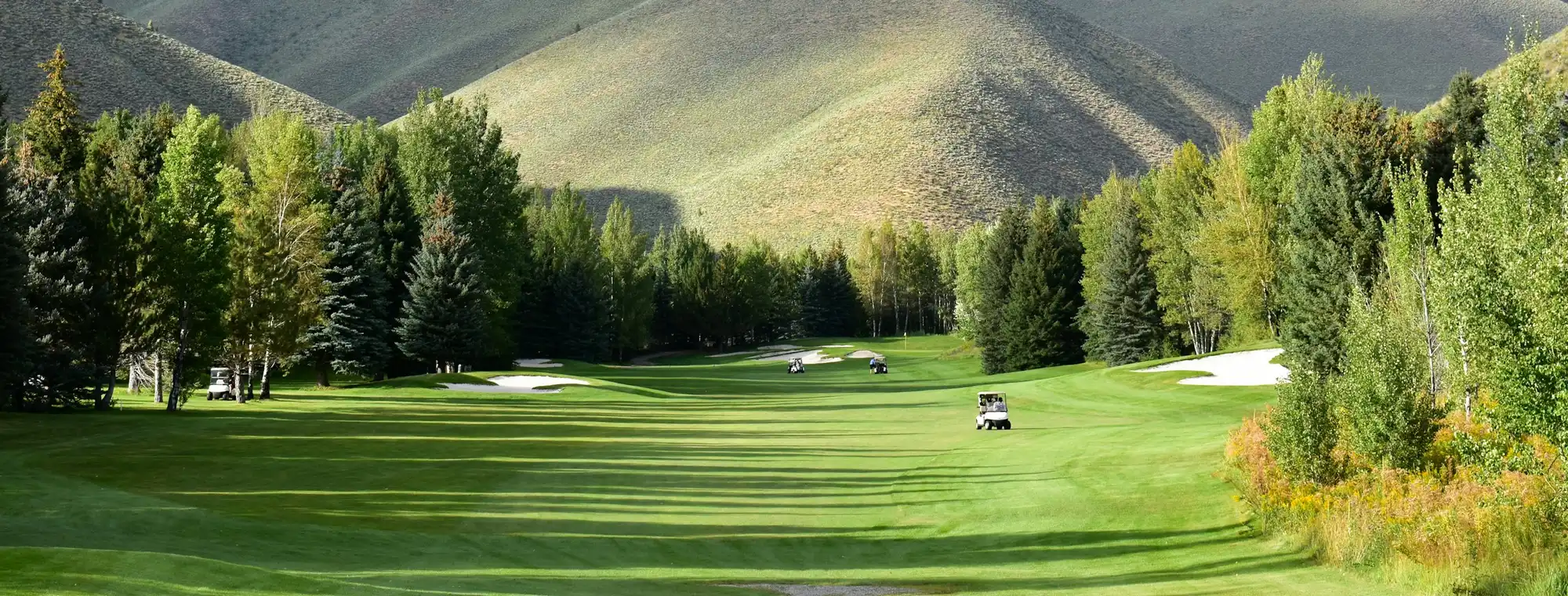 A golf-course fairway with a cart leading toward layered green mountain peaks in the background.