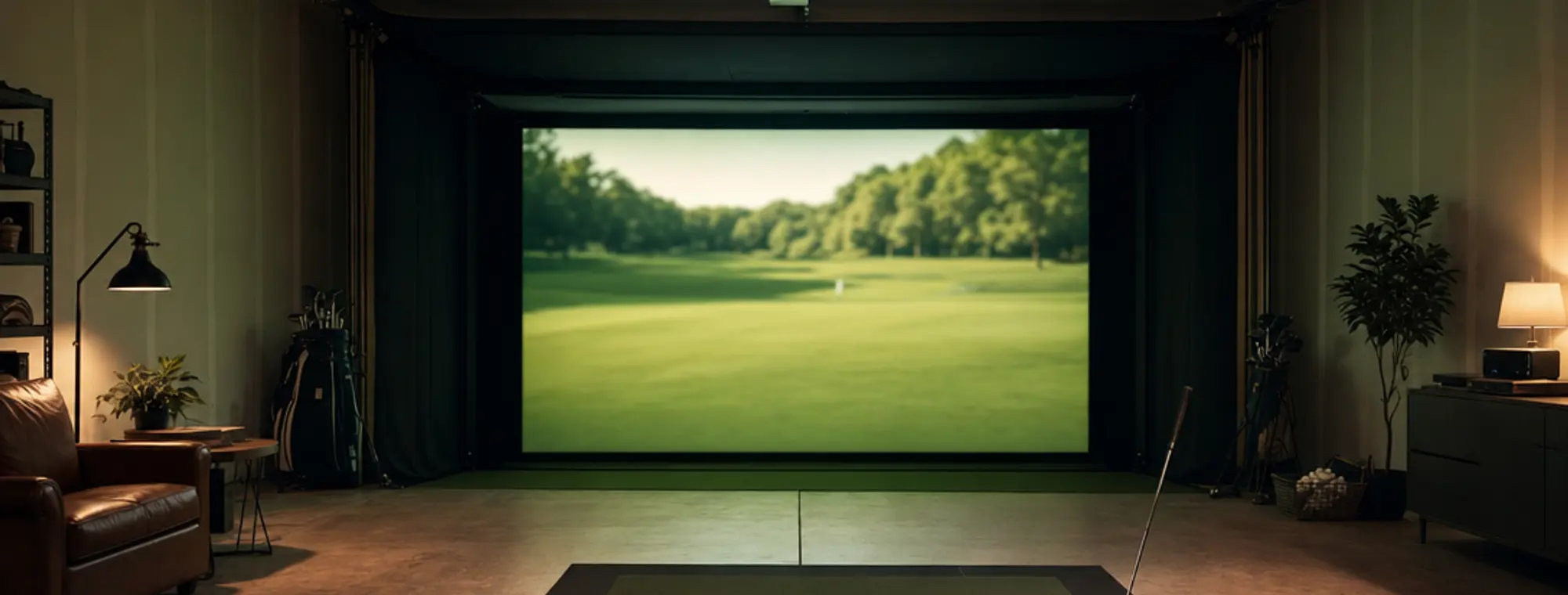 A home garage converted into a golf simulator bay with a glowing impact screen showing a fairway, a hitting mat on the floor, in moody indoor light.